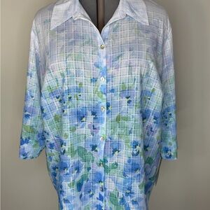 NWT Alfred Dunner Shirt Womens 2X Blue Floral Button Front 3/4 Sleeve Tunic